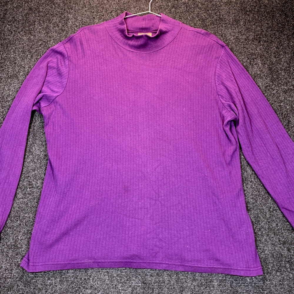 Y2K Bobbie Brooks Mock Neck Top XL Purple Ribbed Long Sleeve 90s Classic Modest
